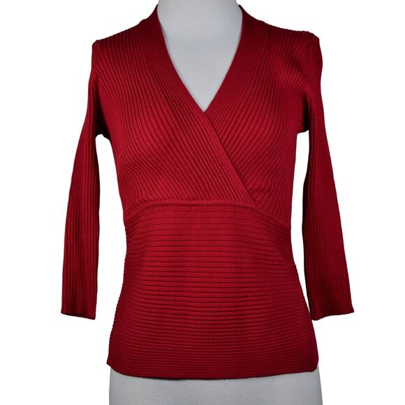 August Silk Red Rib Knit Stretch Faux Wrap Sweater Petite S Silk Blend - Picture 1 of 7